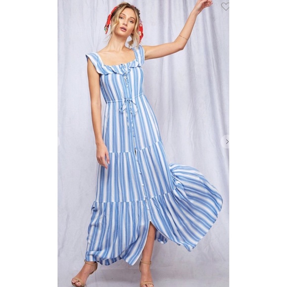 1 L LEFT Blue White Striped Button Down Ruffled Maxi Dress - Picture 2 of 11